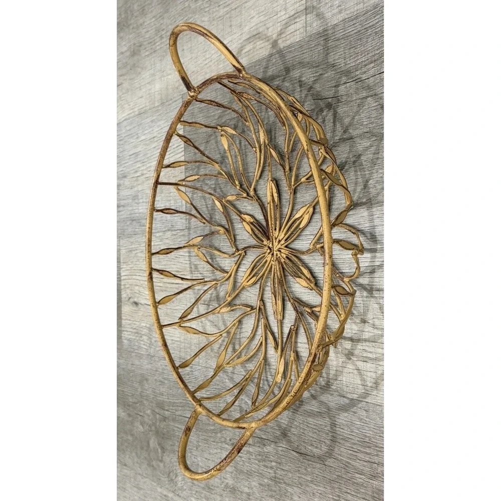Vintage Rustic Shabby Chic Wrought Iron Gilded Flora Basket Golden Metal